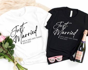Personalisiertes Just Married T-Shirt | Mann und Frau Paare Flitterwochen T-Shirt | Endlich passendes Hochzeits-T-Shirt