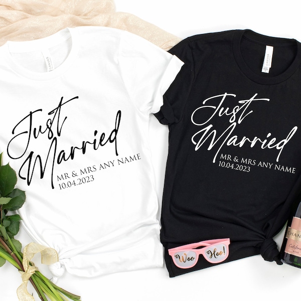 Personalisierte Just Married T-Shirt | Mann und Frau Paare Flitterwochen Tshirt | Endlich ein passendes Hochzeit T-Shirt