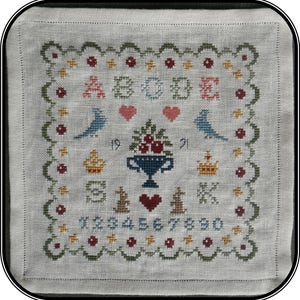 Cherry Ripe Sampler : PDF DOWNLOAD - An original sampler design | Cross Stitch | Letters, Hearts, Birds, Crowns, Numerals, Vase of cherries