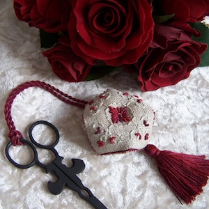 In the Burgundy Scissors Fob : PDF DOWNLOAD - Fisherton de la Mere | English embroidery technique | Silk over-dyed thread | Biscornu