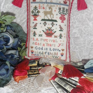 God Is Love : PDF DOWNLOAD - An ornamental | Reproduction of an antique sampler | Alphabets | Stag, flowers, crowns, trees