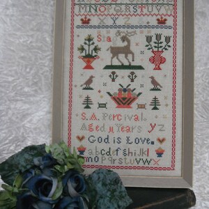 God Is Love : PDF DOWNLOAD - A reproduction sampler - | Cross Stitch | Stag, fruit bowl, flowers, birds, trees | Alphabets | Bible Verse