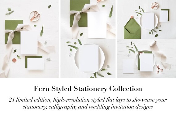 Fern Styled Stock Stationery Wedding Invitation Flat Lay Product