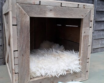 Handmade natural rustic wooden crate cat dog pet house shelter den bed kennel nesting