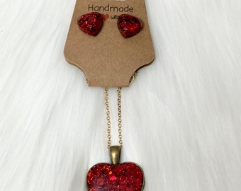 Red Resin Heart Necklace and Earring Set