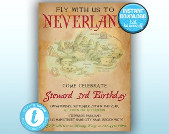 Neverland Birthday Party Invitation Peter Pan Party Etsy