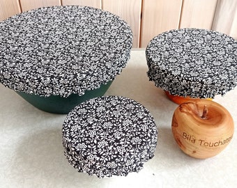 Set of 3 coated cotton dish charlottes with black and white Indy pattern for zero waste salad bowl