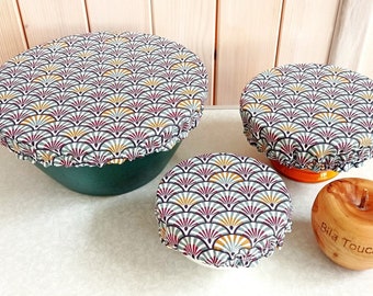 Set of 3 coated cotton dish charlottes with fan patterns for zero waste salad bowl