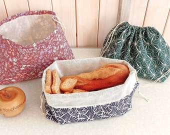 Panière corbeille à pain et sac à pain refermable en coton enduit et étamine pour contact alimentaire zéro déchet motifs et coloris au choix