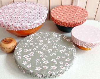 Set of coated cotton charlottes with mismatched patterns to cover round dishes, bowls, salad bowls, zero waste pie dishes