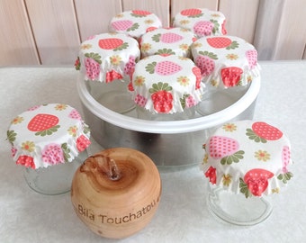 Lot de 8 petites charlottes pour pots de yaourtière en coton enduit lavable et réutilisable zéro déchet motifs fraises