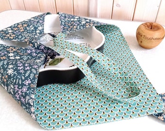 Reversible cotton pie bag coated on both sides for zero waste salad bowl or gratin dish