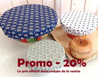 Lot unique de 3 charlottes à plats en coton enduit à motifs dépareillés pour bol saladier zéro déchet