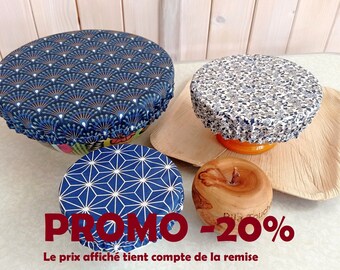 Lot unique de 3 charlottes en coton enduit à motifs dépareillés pour plats ronds bols saladiers plats à tarte zéro déchet