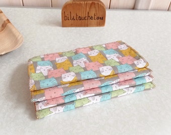 Set of 4 washable and reusable towels in printed cotton and zero waste honeycomb