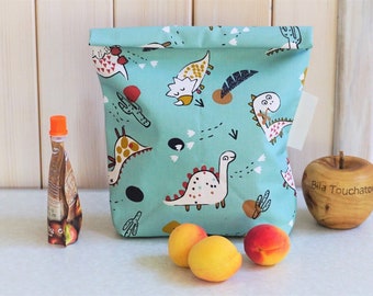 Petit sac à goûter en coton enduit imperméable lavable et réutilisable motif dinos zéro déchet