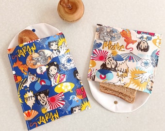 Pochette à sandwich imperméable coton enduit et tissu PUL alimentaire motif manga coloris au choix zéro déchet