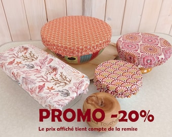 Lot unique de 4 charlottes en coton enduit à motifs dépareillés pour bols saladiers moules à tarte moule à cake zéro déchet