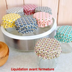 8 petites charlottes pour pots de yaourtière en coton enduit lavable et réutilisable zéro déchet motif éventail japonais multicolores