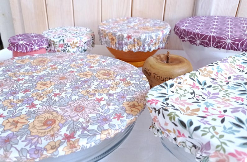 Set of 3, 6 or 9 Coated Cotton Dish Covers 3 Different Designs for Bowl