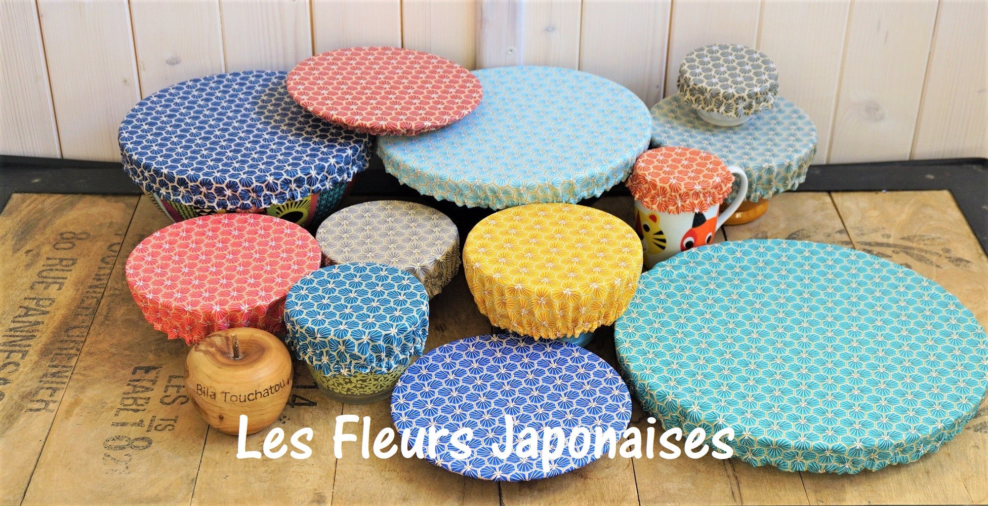 Charlotte à Plat Rond Bol Saladier Tarte Pot de Yaourt en Coton Enduit Fleurs Japonaises Zéro Déchet