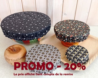 Lot unique de 4 charlottes à motifs dépareillés pour plats ronds bol saladier plat à tarte en coton enduit zéro déchet