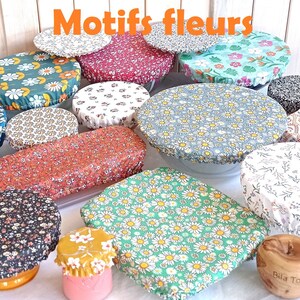 charlotte couvre plat en coton enduit pour plat rond rectangulaire ou ovale bol saladier plat à tarte petit pot motifs fleurs zéro déchet image 1