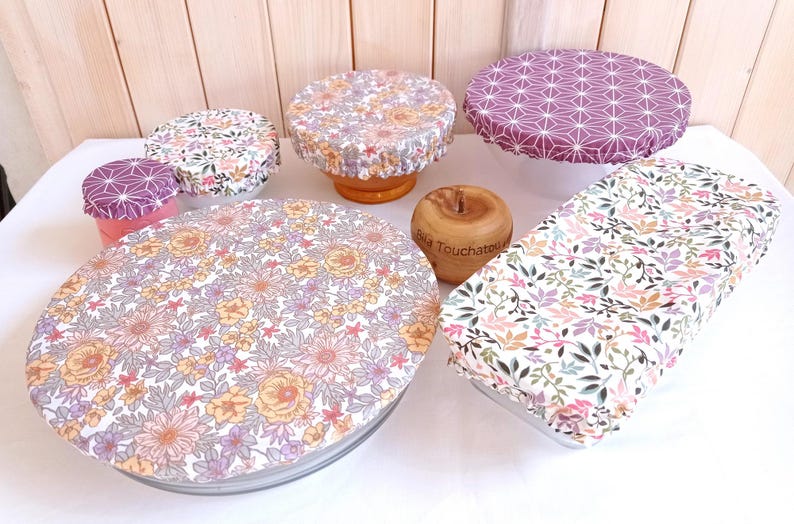 Set of 3, 6 or 9 Coated Cotton Dish Covers 3 Different Designs for Bowl