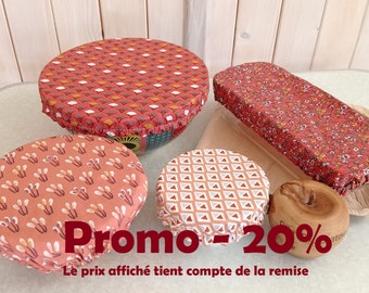 Lot unique de 4 charlottes couvre-plats en coton enduit à motifs dépareillés zéro déchet