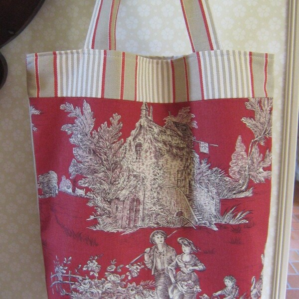 Sac cabas toile de jouy rouge