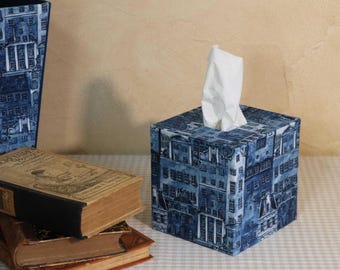 Copri scatola per fazzoletti decorativo con motivo a casetta blu