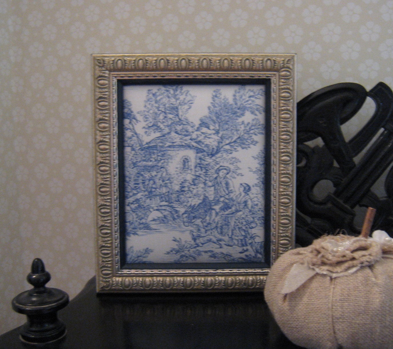 Cadre Toile de Jouy Bleue, Cadre Argenté