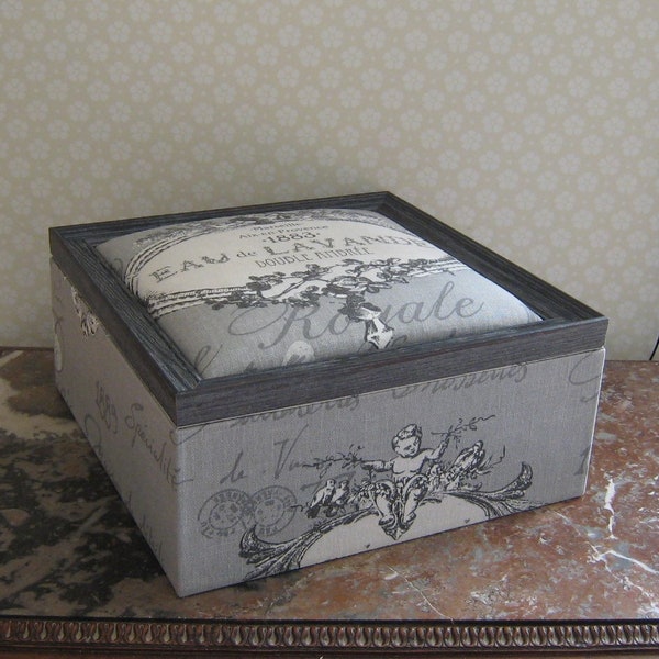 Boîte, coffret de rangement style toile de jouy grise