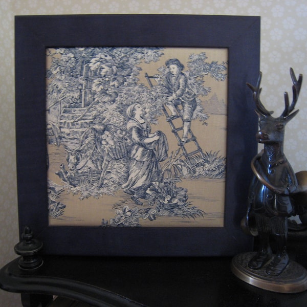 Cadre toile de jouy bleue et beige