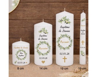 Bougie personnalisée Baptême - Communion, Bougie avec prénom et date – Cadeau parrain marraine, Décoration cérémonie,  branches d'olivier
