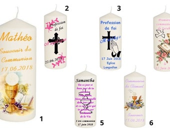 Bougie Personnalisée Communion 14cm de hauteur, Inscriptions et 8 modèles au choix