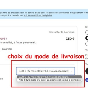 May include: Screenshot of an Etsy checkout page showing a choice of shipping options. The options include standard shipping for $5.90 and a faster option for $7.85. The text "choix du mode de livraison" is highlighted in red.