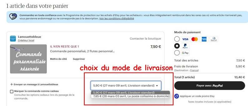 May include: Screenshot of an Etsy checkout page showing a choice of shipping options. The options include standard shipping for $5.90 and a faster option for $7.85. The text "choix du mode de livraison" is highlighted in red.