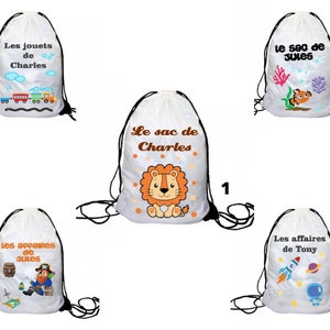 Sac à doudou à bretelle personnalisé, Prénom au choix, lion, train, poisson, pirate, cosmos