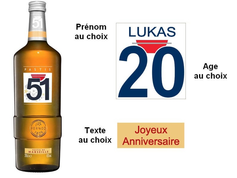 Etiquettes Pastis 51 personnalisées Anniversaire, Age, Camion, Chasse, Coeurs, Foot, Moto Age au choix