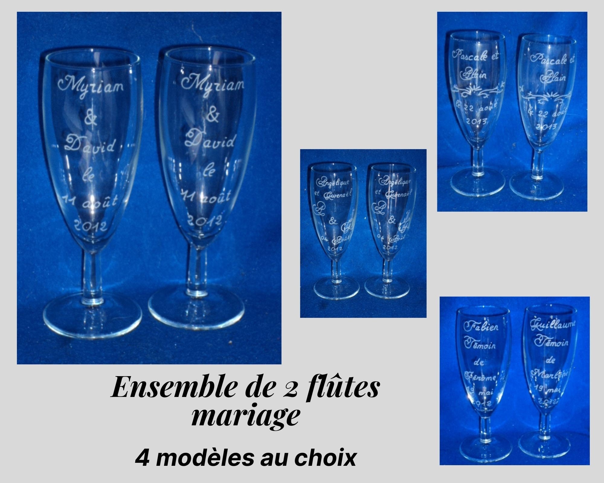 Gravure sur Verre Mariage, 2 Flutes Gravées et Personnalisées, Inscriptions, Initiales, Frise Au Cho