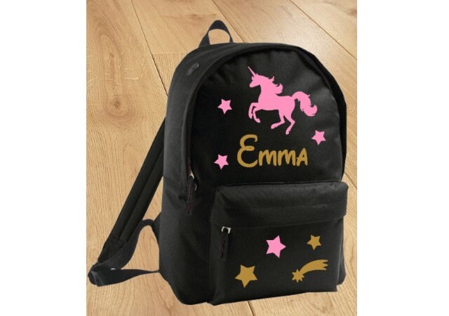 Sac à Dos Noir Personnalisé, 7 Modèles Fille Au Choix, Licorne, Chat, Dauphin, Cheval, Danse, Papill