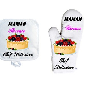 Gant de cuisine avec sa manique personnalisés, Prénom au choix, Gâteau, Cupcake, Macaron Modele 3