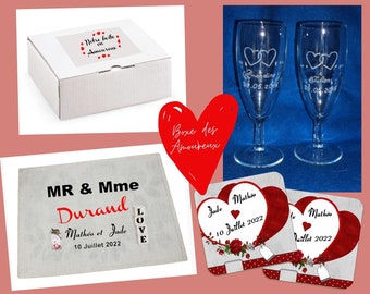 Boîte apéro des amoureux flûte, Boxe apéro des amoureux, Pack de 2 flutes, 2 sous bocks, 1 set plateau et une boîte personnalisée, Mariage