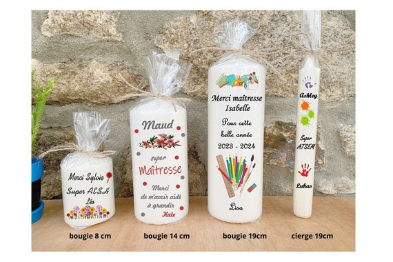 Bougie personnalisée Maîtresse, ATSEM, AESH, éducatrice spécialisée, Cadeau de fin d'année scolaire