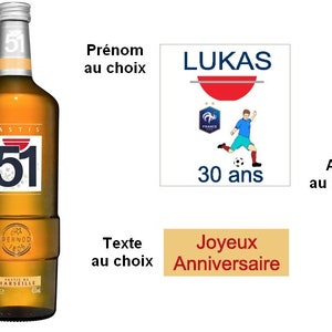 Etiquettes Pastis 51 personnalisées Anniversaire, Age, Camion, Chasse, Coeurs, Foot, Moto foot