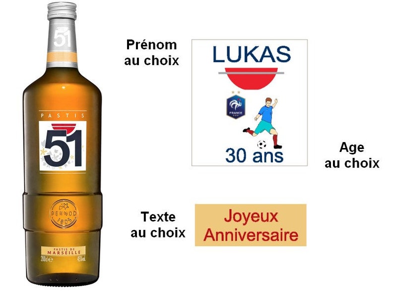 Etiquettes Pastis 51 personnalisées Anniversaire, Age, Camion, Chasse, Coeurs, Foot, Moto foot