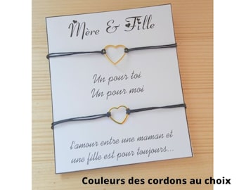 Duo de bracelets coeur, mère fille, fille petite fille, marraine filleule, meilleures amies, cordon et texte au choix