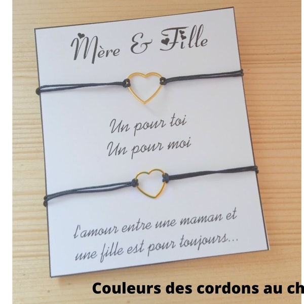 Duo de bracelets coeur, mère fille, fille petite fille, marraine filleule, meilleures amies, cordon et texte au choix