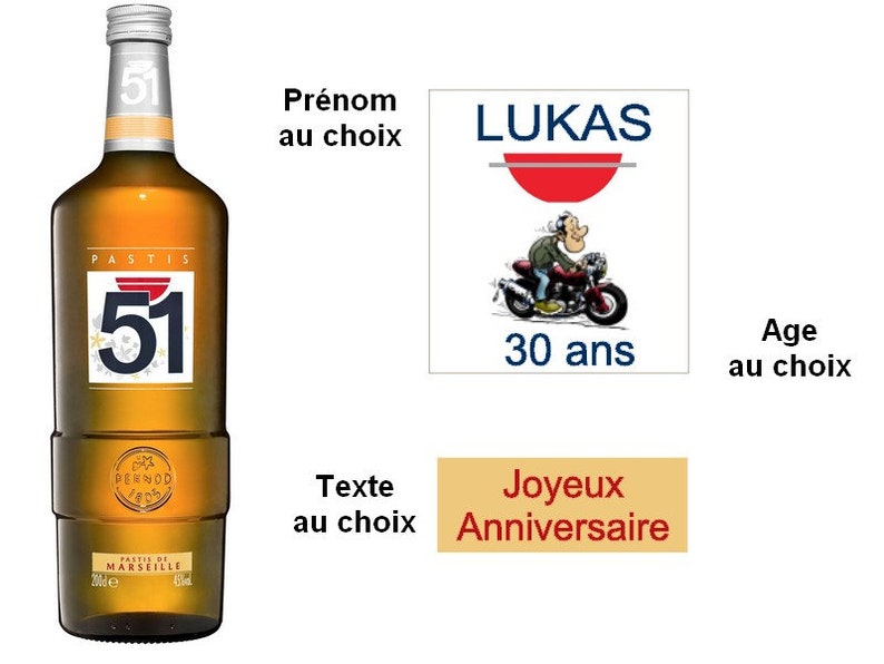 Etiquettes Pastis 51 personnalisées Anniversaire, Age, Camion, Chasse, Coeurs, Foot, Moto image 6